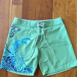 NWOT cute Green board shorts Swim Shorts with Blue Wave Design
